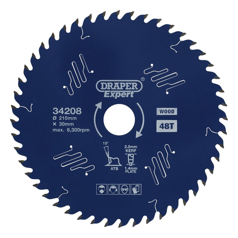 Draper Expert TCT Circular Saw Blade for Wood with PTFE Coating, 210 x 30mm, 48T Draper - Town Tools 