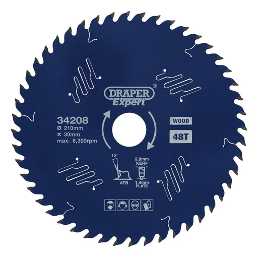 Draper Expert TCT Circular Saw Blade for Wood with PTFE Coating, 210 x 30mm, 48T Draper - Town Tools 