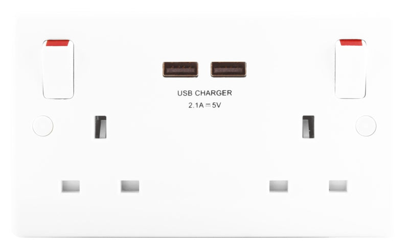 BG 2 Gang 13a Switched Socket With Outboard Rockers + 2 x USB (2.1A) White