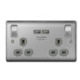 BG 13a 2 Gang Switch Socket & USB Brushed Steel With Grey Inserts