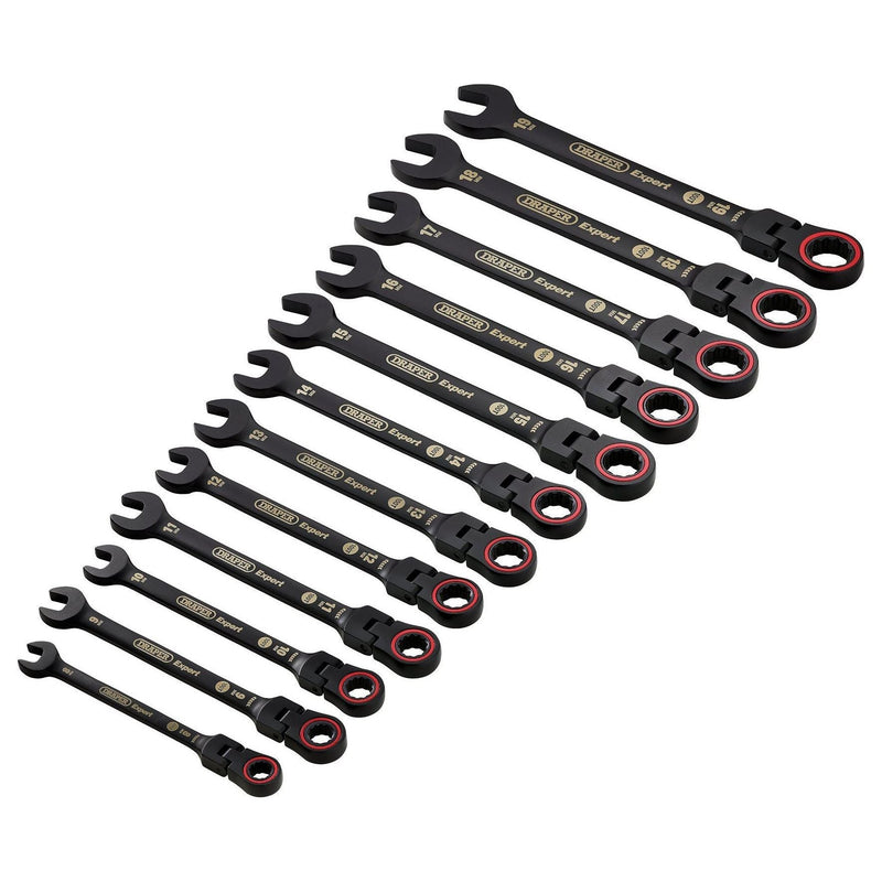 Draper Expert HI-TORQ Metric Flexible Head Ratchet Combination Spanner Set, Black (12 Piece) Draper - Town Tools