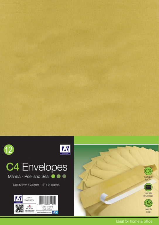 Ig Design Peel & Seal Envelope Manilla C4 Pack 12