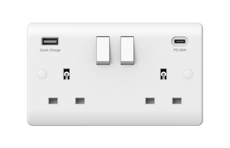 Securlec 2 Gang Switched Socket Double Pole With USB A + C Round Edge
