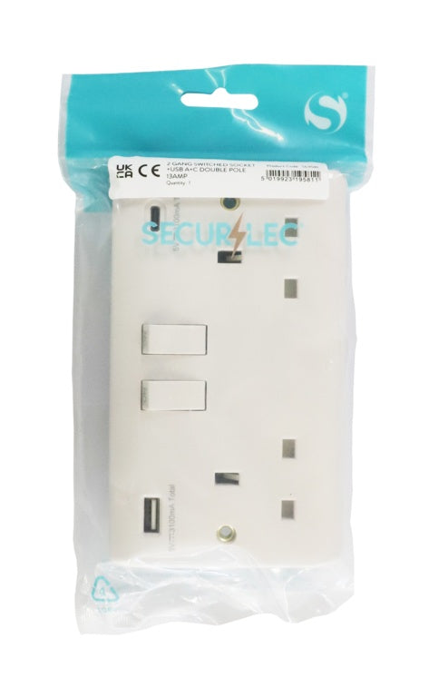 Securlec 2 Gang Switched Socket Double Pole With USB A + C Round Edge