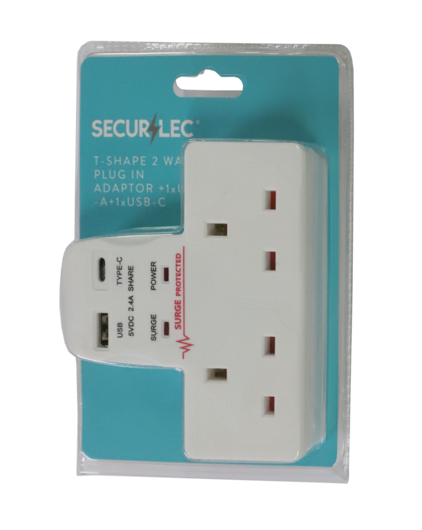 Securlec T-Shape 2 Way Plug-In Adaptor 1 x USB-A, 1 x USB-C 2100ma