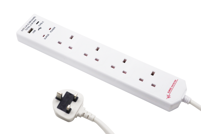 Securlec 4 Gang Extension Lead With 1 x USB-A & 1 x USB-C 2m