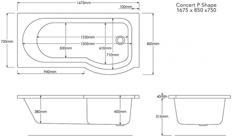 Trojan Concert P Shape Shower Bath RH 1675 x 850 x 750mm