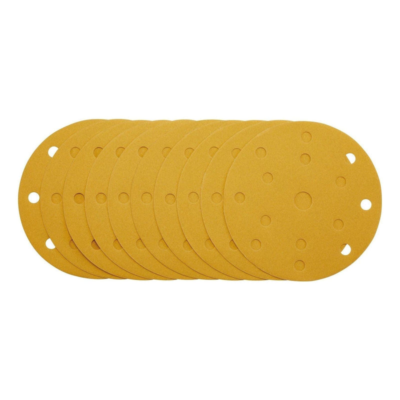 Gold Sanding Discs with Hook & Loop, 150mm, 240 Grit, 15 Dust Extraction Holes (Pack of 10) Draper - Town Tools