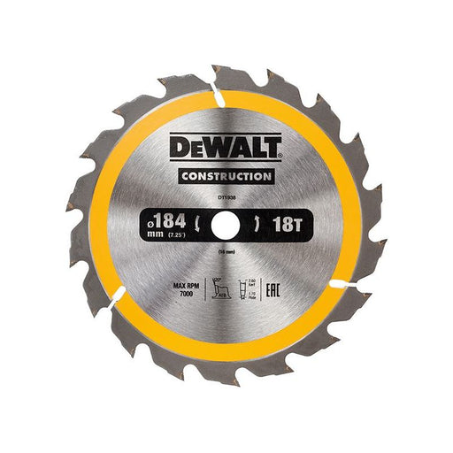 Dewalt Power Tools Portable Construction Circular Saw Blade 184 x 16mm x 18T DeWALT Power Tools - RockBottom Northampton