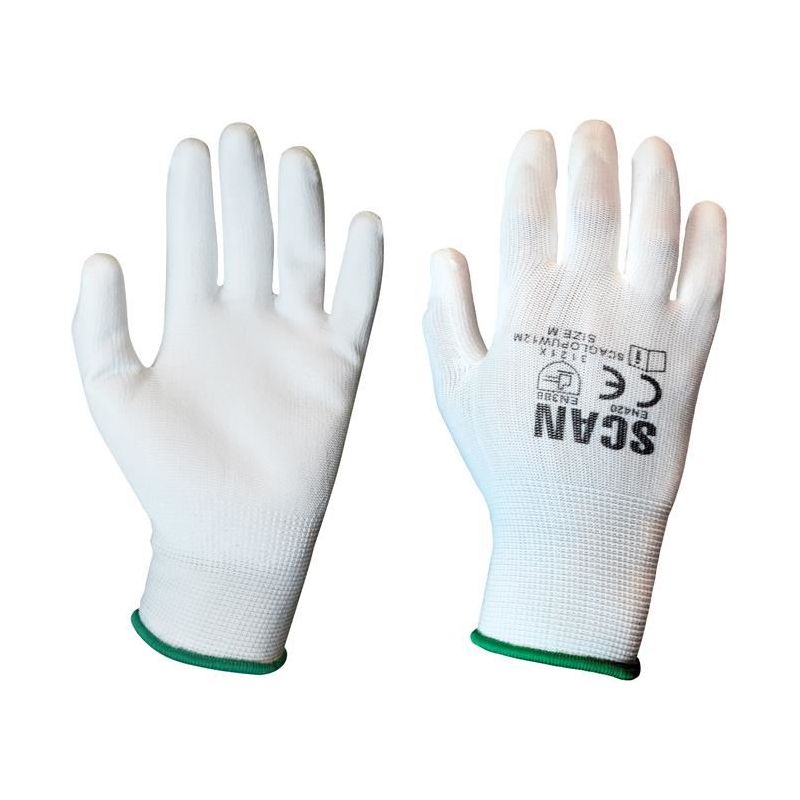 Scan White PU Coated Gloves - M (Size 8) (Pack 12) Scan - RockBottom Nothampton