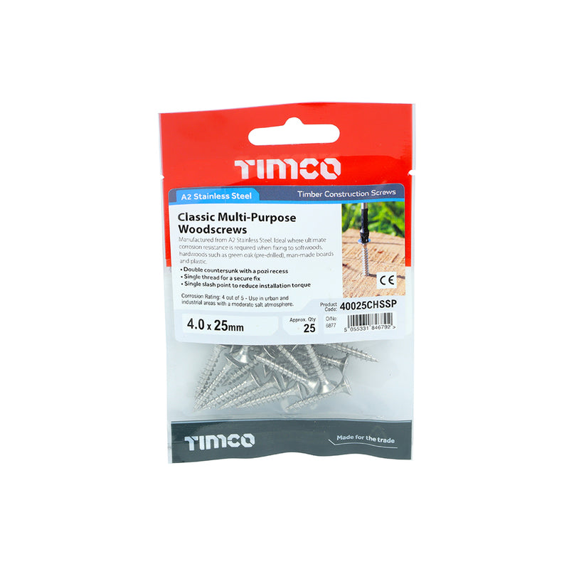 TIMCO Classic Multi-Purpose Countersunk A2 Stainless Steel Woodcrews — Trade Pack