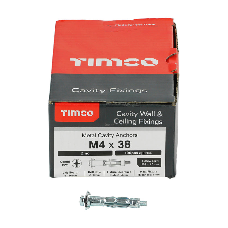 TIMCO Metal Cavity Anchors Silver - M4 x 38 (45mm Screw)