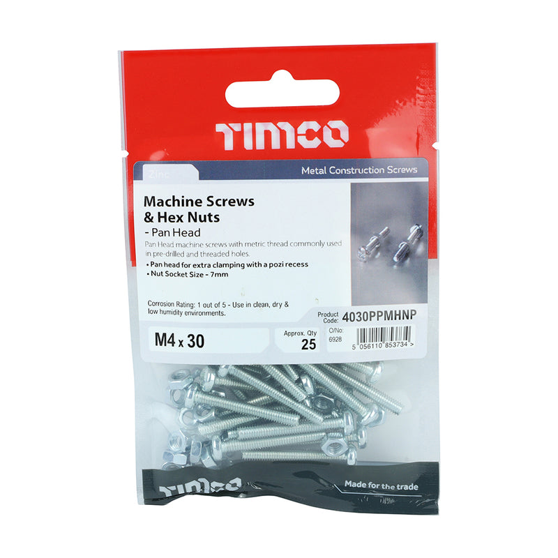 TIMCO Machine Pan Head Screws & Hex Nut Silver - M4 x 12