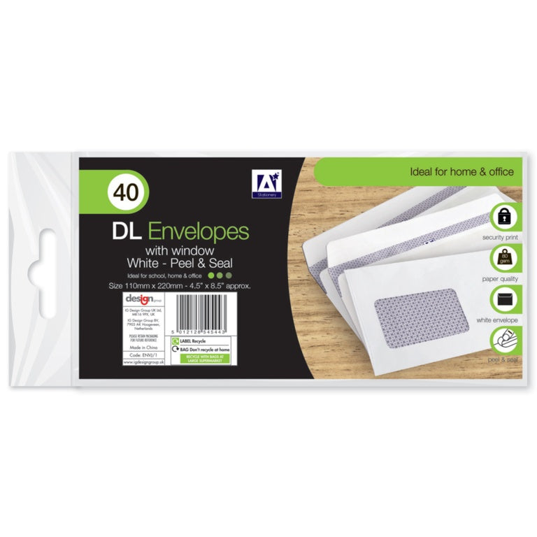 Ig Design DL Peel & Seal Envelopes With Window Pack 40 White