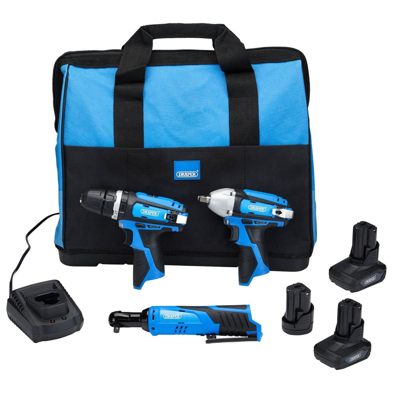 12V Drill Drive and Ratchet Interchange Kit, 2 x 4.0Ah Li-ion Battery, 1 x 1.5Ah Li-ion Battery, 1 x Fast Charger, 1 x Tool Bag Draper - Town Tools