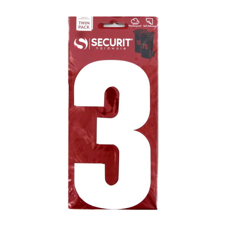 Securit White Self Adhesive Wheelie Bin Numbers Pack 2 No 3 170mm
