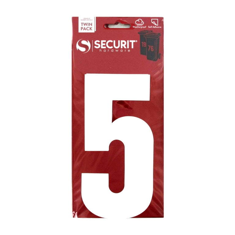 Securit White Self Adhesive Wheelie Bin Numbers Pack 2 No 5 170mm