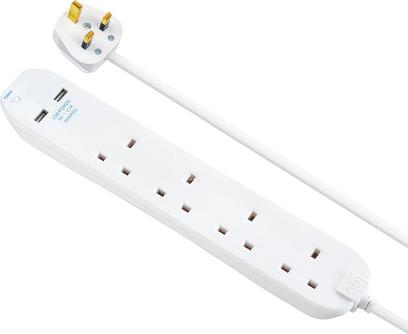 Masterplug 4 Gang Extension Lead With 2 x USB & 1m Cable 13 amp