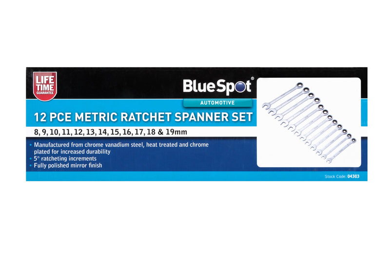 Blue Spot Tools 12 PCE Metric Ratchet Spanner Set (8-19mm)