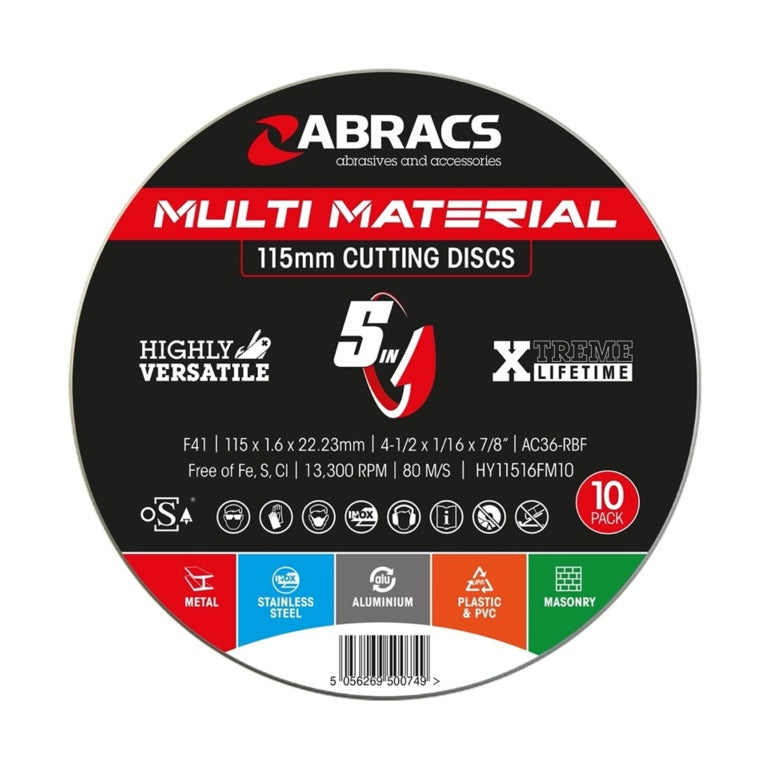 Abracs Multi Material 5 in 1 Flt Metal Cutting Disc Tin 10 115mm x 1.6mm x 22.23mm