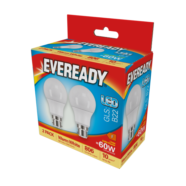 Eveready LED GLS BC B22 3000k Warm White Pack 2 8.8w