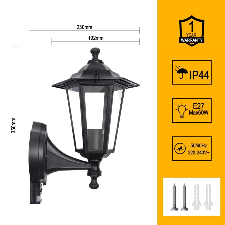 Extrastar Vintage Wall Light W/E27 L/H With PIR Black