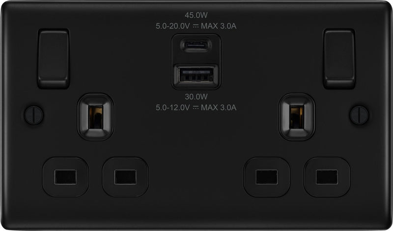 BG Double Power Socket With USB 13a Matt Black