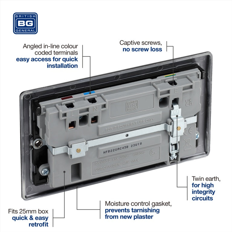 BG Double Power Socket With USB 13a Matt Black