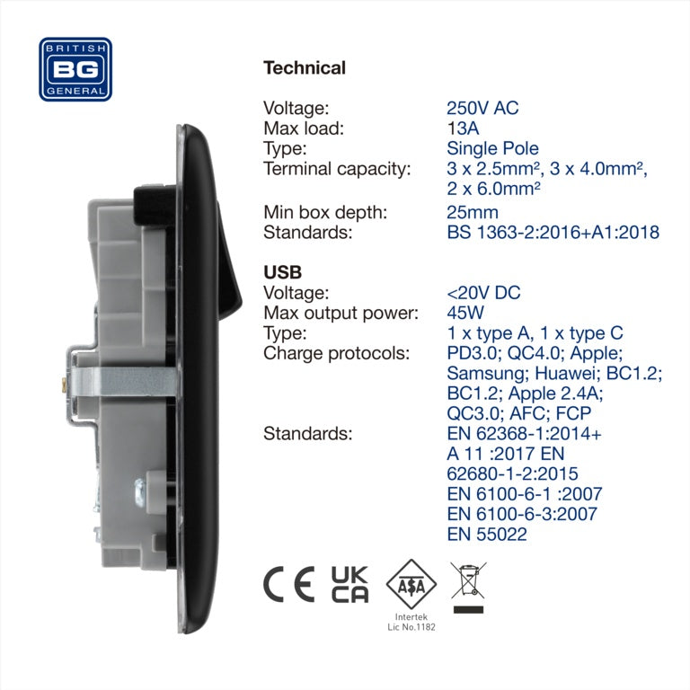 BG Double Power Socket With USB 13a Matt Black