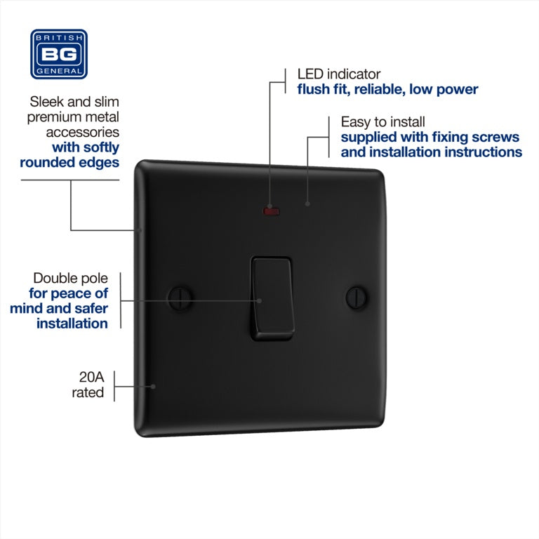 BG Double Pole Switch With Power Indicator 20a Black