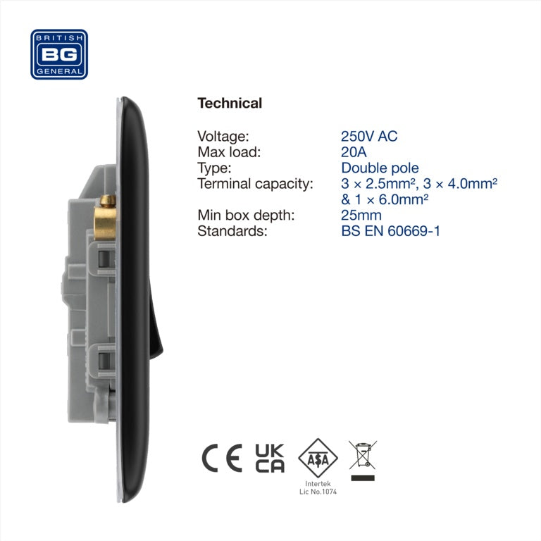 BG Double Pole Switch With Power Indicator 20a Black