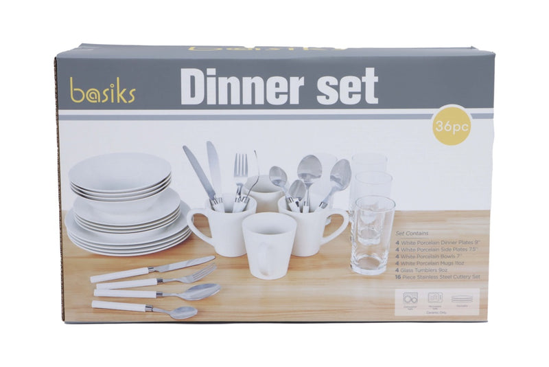 Basiks White Porcelain Dinner Set 36 Piece