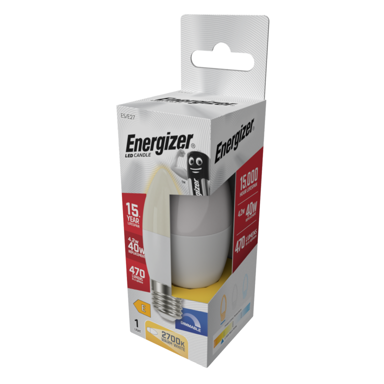 Energizer LED Candle 470lm Opal E27 Dimmable 4.2w