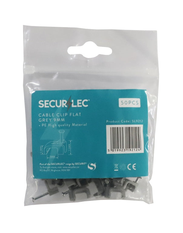 Securlec Cable Clip Flat Grey 9mm 50 Pieces