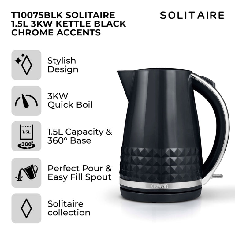 Tower Solataire Black Kettle 3kw 1.5L