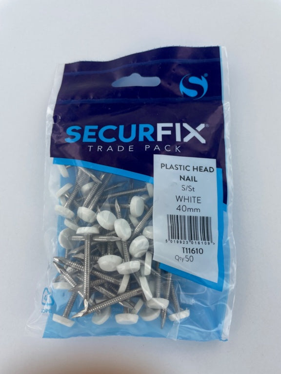 Securfix Stainless Steel Plastic Headed Nail White 40mm 50 Pack