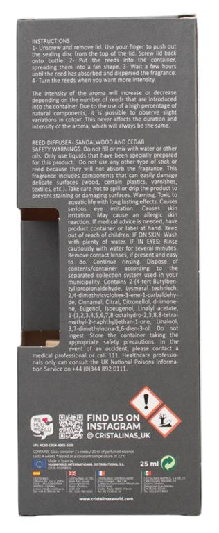 Cristalinas Reed Diffuser 25ml Sandalwood & Cedar