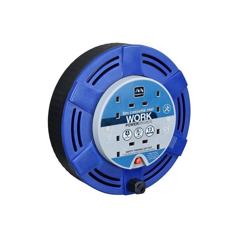 Masterplug Cassette Cable Reel 240V 13A 4-Socket Thermal Cut-Out Blue 8m Masterplug - RockBottom Northampton