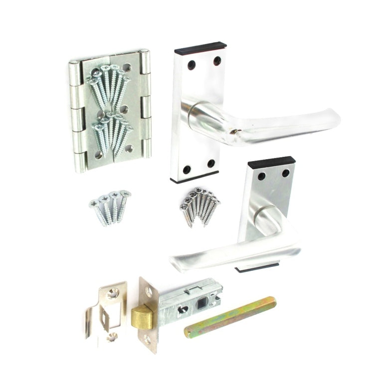 Securit Aluminium Internal Door Handle Pack 63mm Mortice Latch - 2 x 75mm Steel Butt Hinges