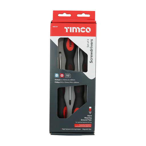 TIMCO Screwdriver Set, Slotted and Phillips Screwdrivers with Magnetic Tips, Ergonomic Anti-Slip Handles — Box