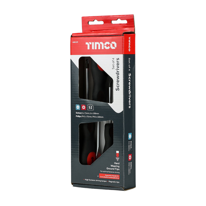 TIMCO Screwdriver Set, Slotted and Phillips Screwdrivers with Magnetic Tips, Ergonomic Anti-Slip Handles — Box