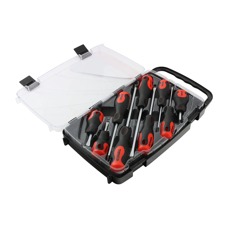 TIMCO Screwdriver Set, Slotted and Phillips Screwdrivers with Magnetic Tips, Ergonomic Anti-Slip Handles in a Hard Carry Case — Case