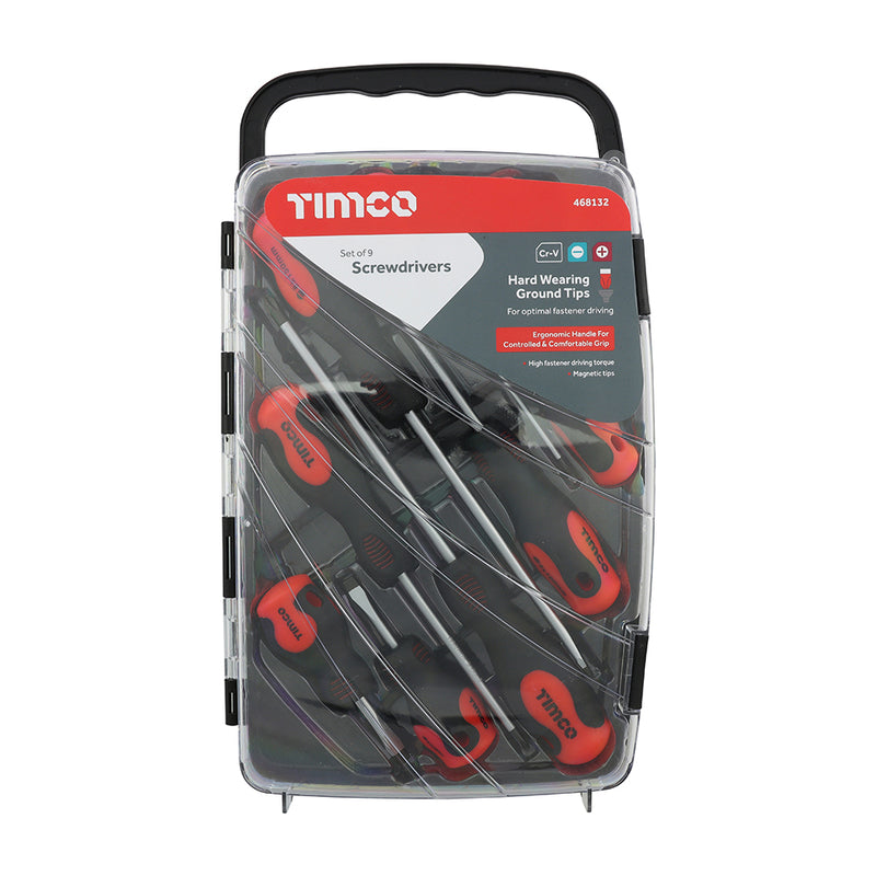 TIMCO Screwdriver Set, Slotted and Phillips Screwdrivers with Magnetic Tips, Ergonomic Anti-Slip Handles in a Hard Carry Case — Case