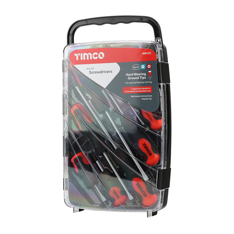 TIMCO Screwdriver Set, Slotted and Phillips Screwdrivers with Magnetic Tips, Ergonomic Anti-Slip Handles in a Hard Carry Case — Case