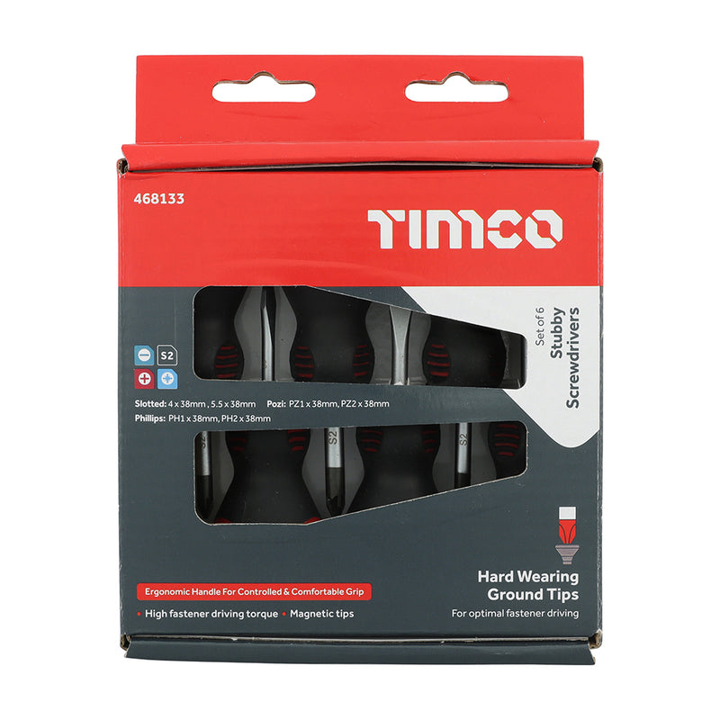 TIMCO Stubby Screwdriver Set, Slotted, Phillips and Pozi Drive Screwdrivers with Magnetic Tips, Ergonomic Anti-Slip Handle