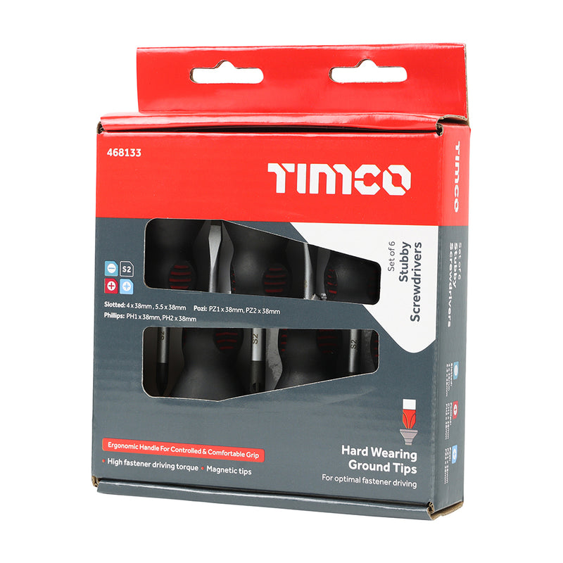 TIMCO Stubby Screwdriver Set, Slotted, Phillips and Pozi Drive Screwdrivers with Magnetic Tips, Ergonomic Anti-Slip Handle