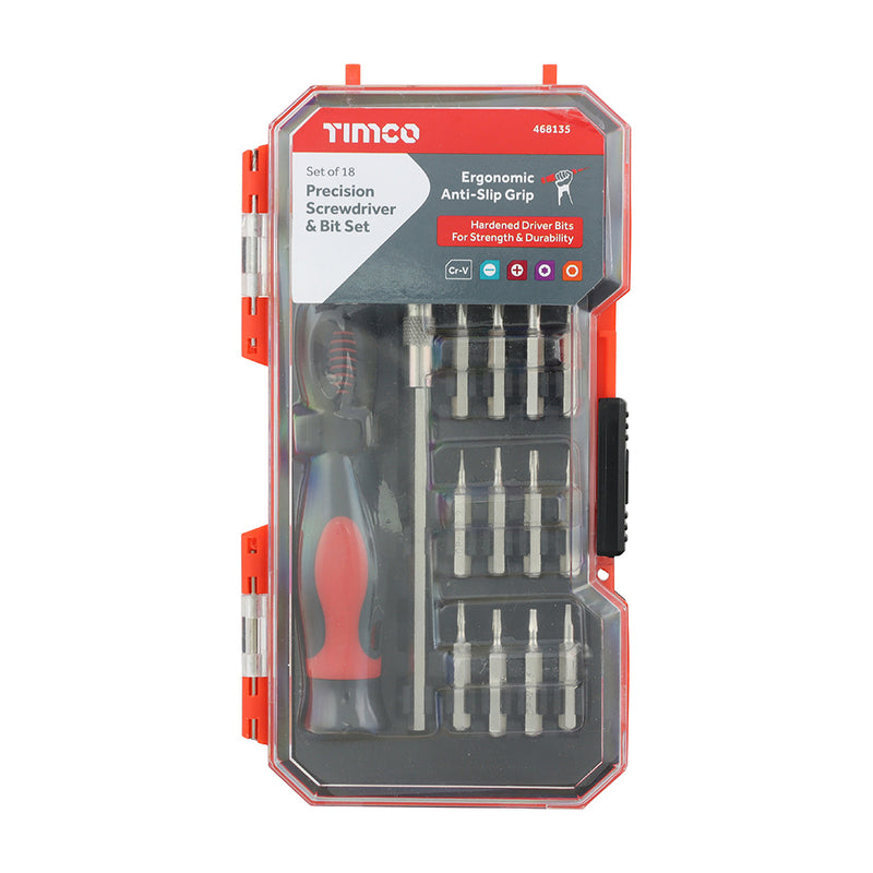 TIMCO Precision Srewdriver and Bit Set, Premium Soft Grip Handle with Interchangable Driver Bits for Multiple Intricate Fastener Applications in a Hard Plastic Case