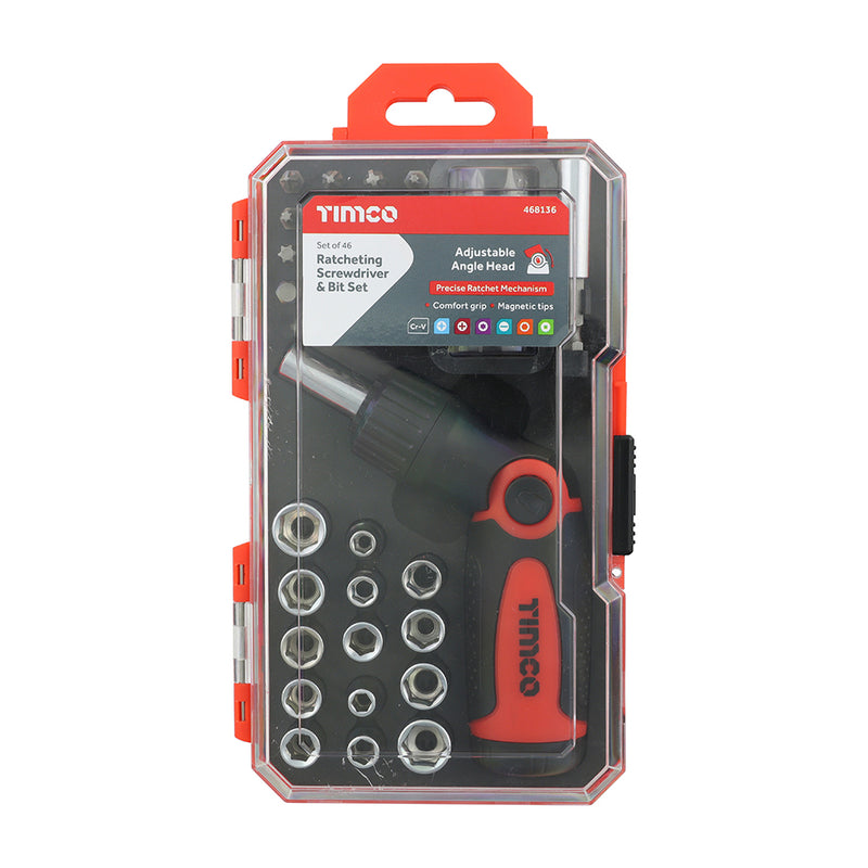 TIMCO Ratcheting Screwdriver & Bit Set, Anti-Slip Handle with Long Lasting Ratcheting Mechanism with Assorted Driver Bits and Sockets