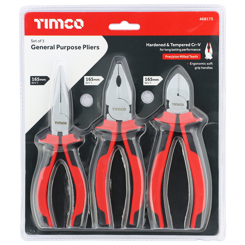 TIMCO General Purpose Pliers Set, Combination Pliers, Long Nose Pliers, Side Cutting Pliers with Soft Grip Handles - Set of 3