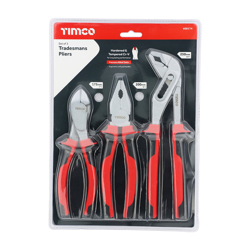 TIMCO General Purpose Pliers Set, Combination Pliers, Side Cutting Pliers, Water Pump Pliers with Soft Grip Handles - Set of 3